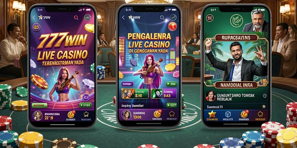 Screenshot gameplay Live Casino 777WIN yang menampilkan dealer dan meja permainan.