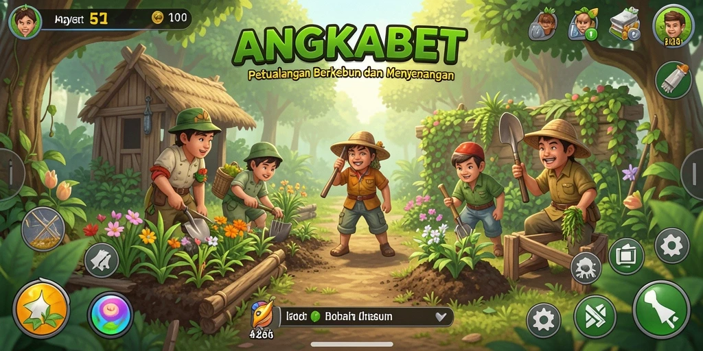 Screenshot gameplay ANGKABET yang menunjukkan aktivitas berkebun dengan berbagai tanaman.