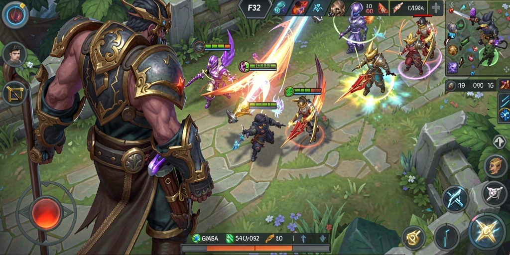 Tangkapan layar F32 menampilkan aksi seru dalam arena MOBA.