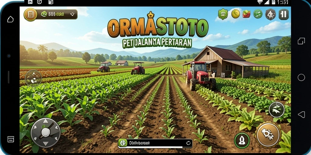 Screenshot gameplay ORMASTOTO menampilkan kebun yang hijau dan hewan ternak yang aktif.