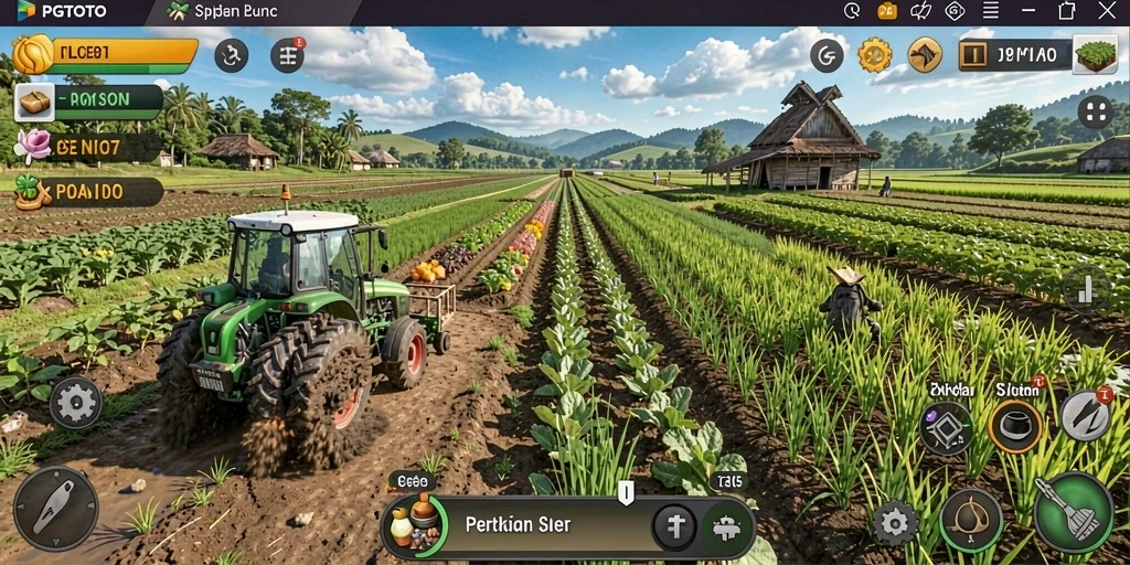 Tangkapan layar gameplay PGTOTO yang menunjukkan kebun yang indah dan tanaman berwarna-warni.